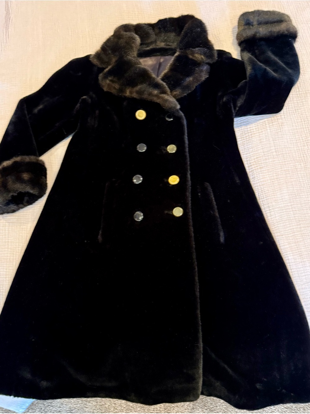 Borgalana Black Faux Fur Double-Breasted Coat with Fur Trim and Cuffs
